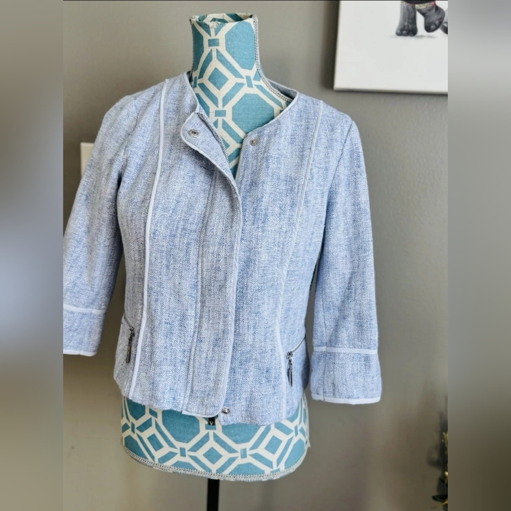 Vince Camuto Light Blue Tweed Boucle Zip Front Jacket Blazer Size 8P Petite
